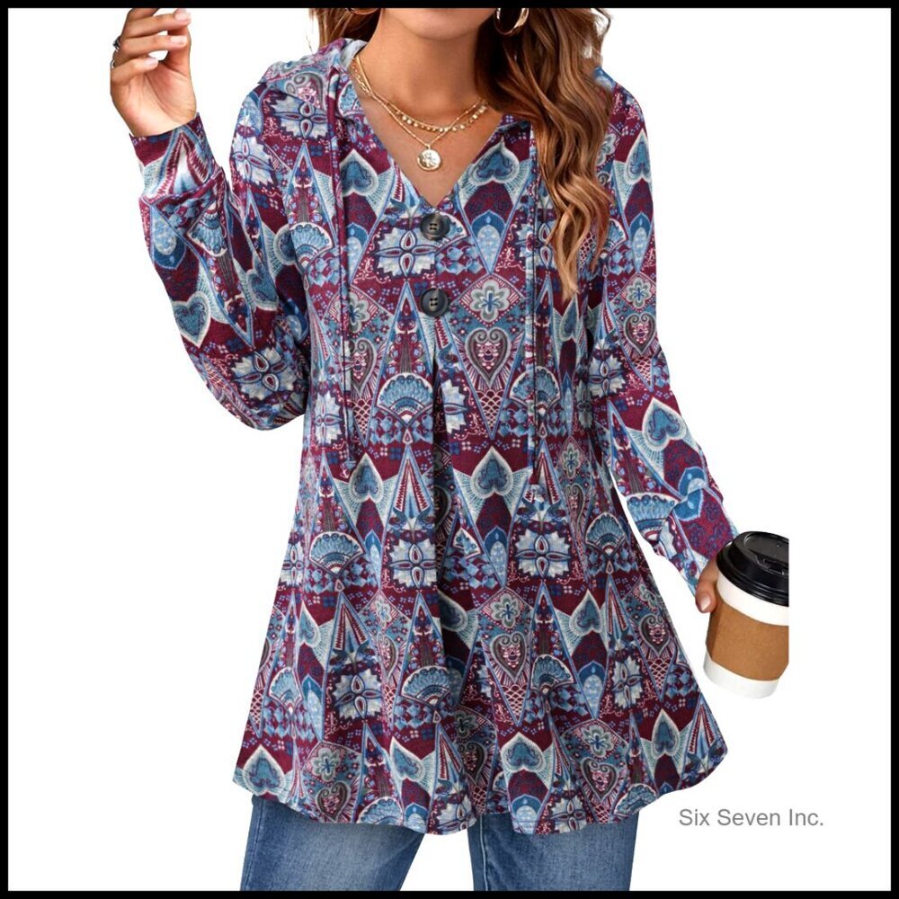 Long Sleeve Hooded Tunic Top Button Front Swing Pullover Hoodie Sweatshirt